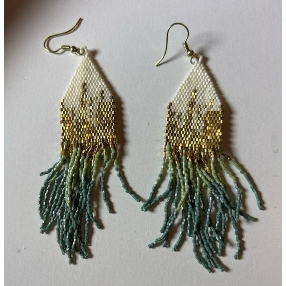 Boho Native Style Landscape Sun Seed Bead Beaded Earrings Fringe Tassel Long RC7